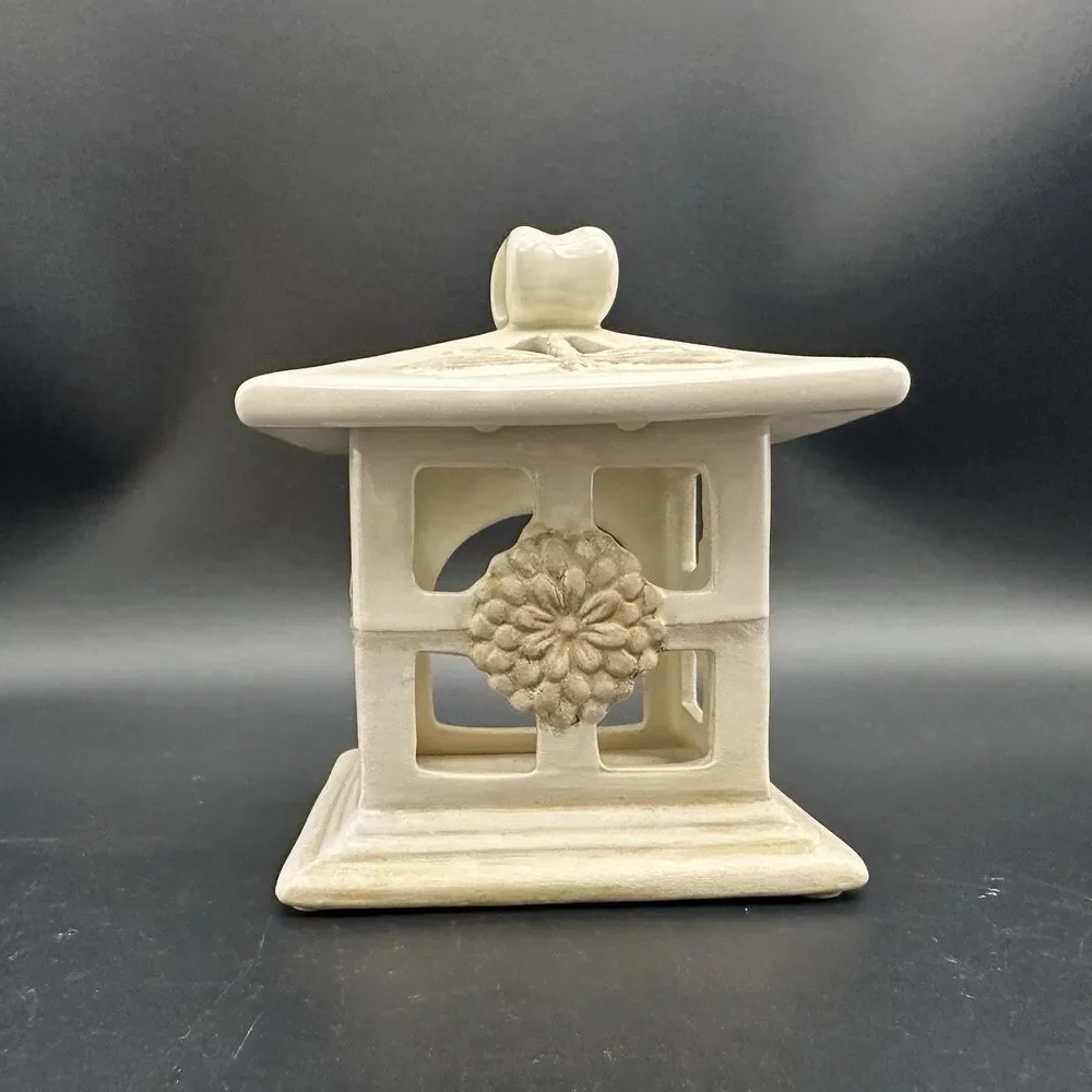 VTG Yankee Candle Stoneware Pagoda Tea Light Holder Dragonfly Ceramic Lantern 4”